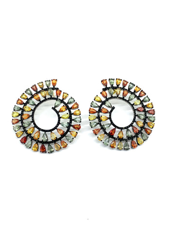 Multicolor Sapphire and Black Spinel Swirl Earrings