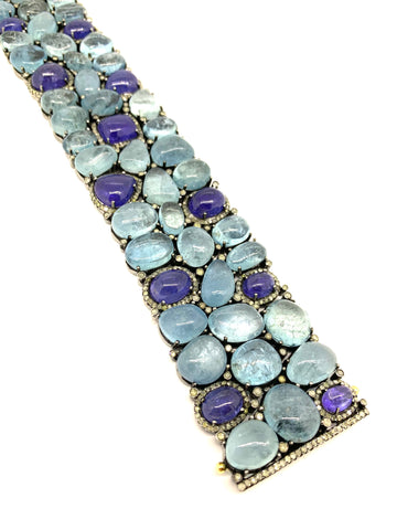 Cabochon Aquamarine and Tanzanite Bracelet with Diamonds