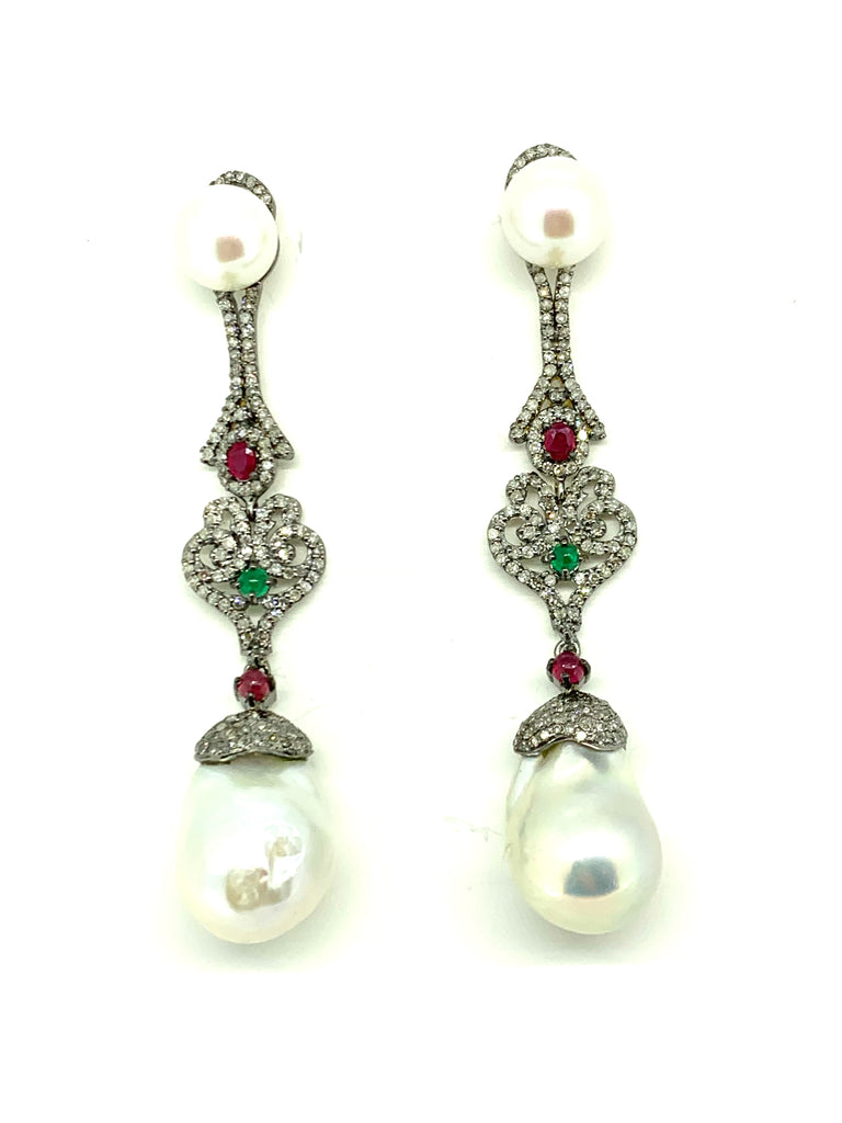Baroque Pearl Ruby Emerald and Diamond Earring