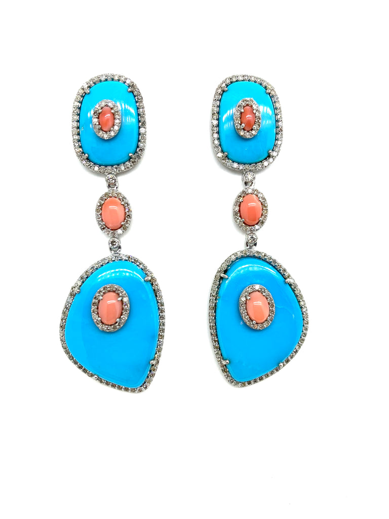 Turquoise Coral and Diamond Earrings