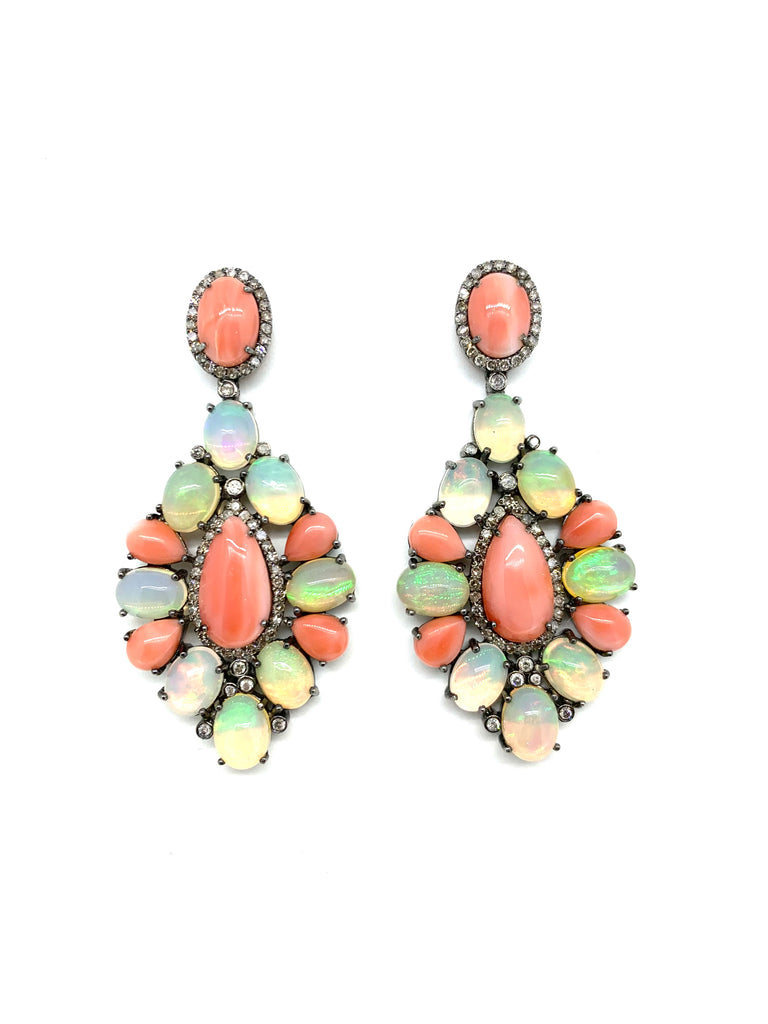 Coral Opal and Diamond Earrings