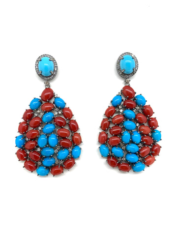Coral Turquoise and Diamond Earrings