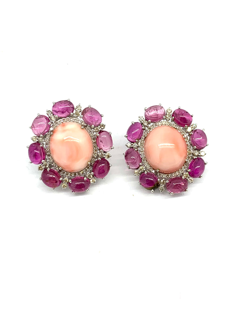 Coral Diamond and Pink Tourmaline Earrings