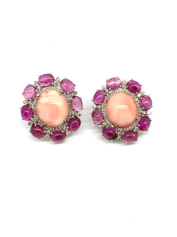 Coral Diamond and Pink Tourmaline Earrings