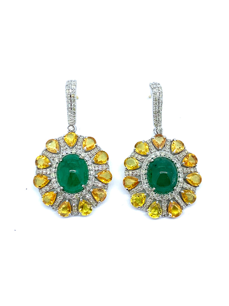 Cabochon Emerald , Yellow Sapphire and Diamond Earrings