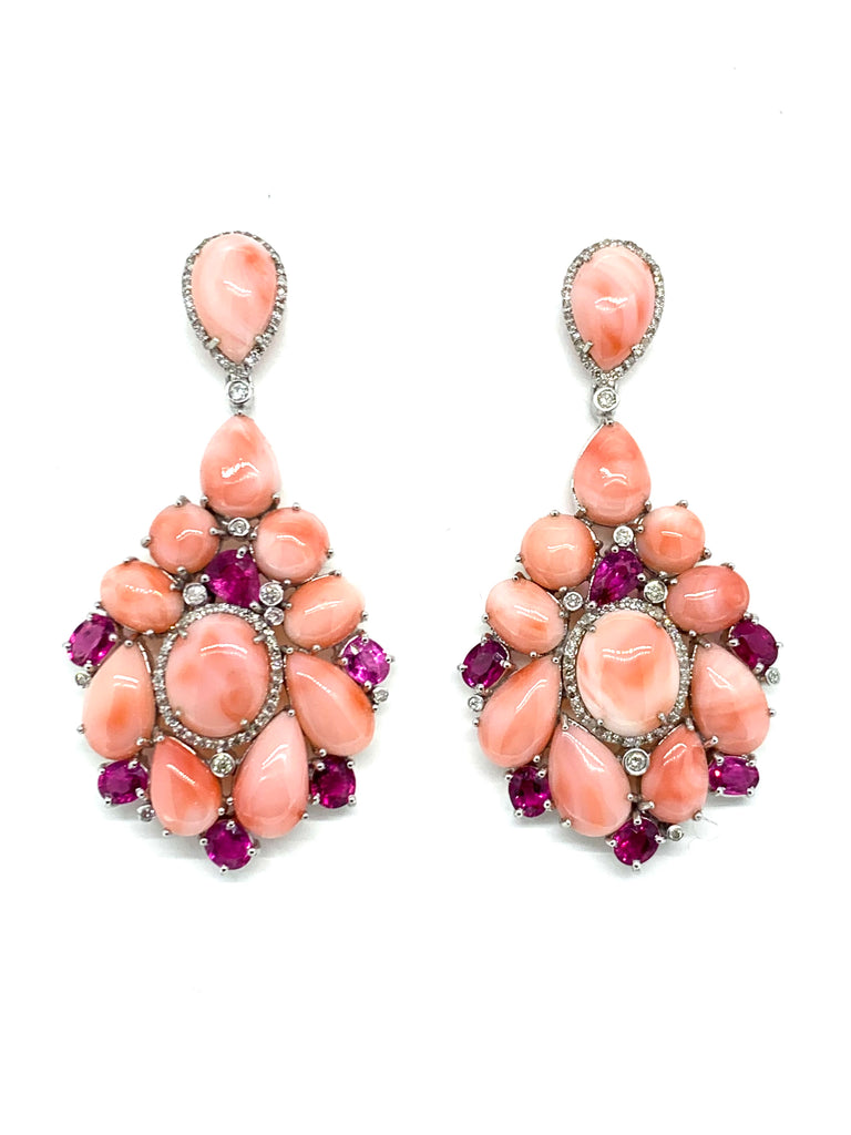 Coral Diamond and Tourmaline Earrings