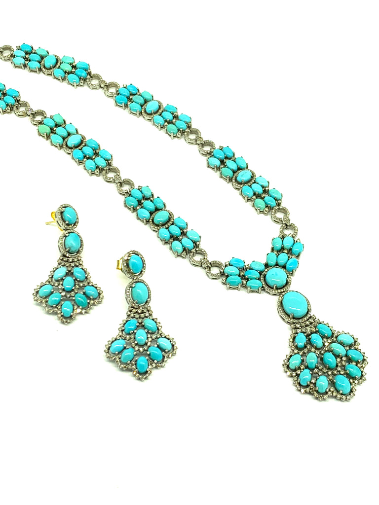 Natural Turquoise and Diamond Earring and Necklace Set