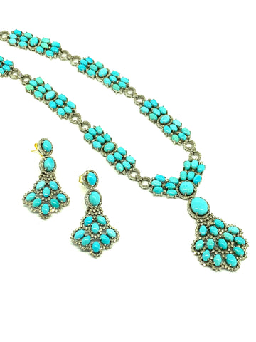 Natural Turquoise and Diamond Earring and Necklace Set
