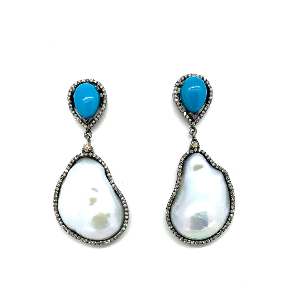 Turquoise Baroque Pearl and Diamond Earrings