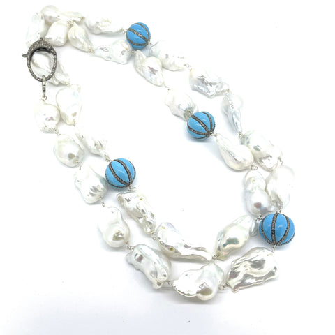 Baroque Pearl Necklace with Turquoise Enamel