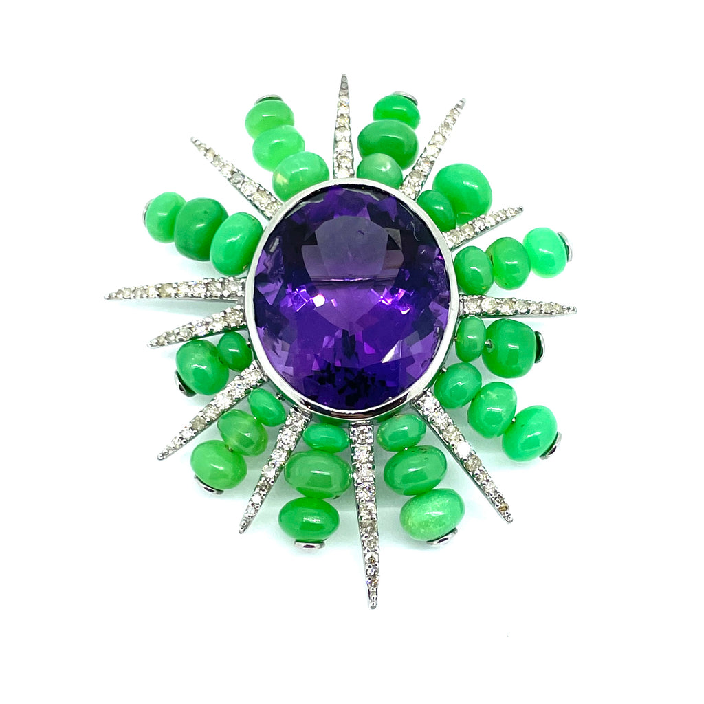 Amethyst Diamond and Chrysoprase Brooch Pendant