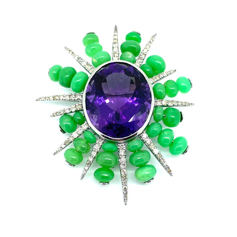 Amethyst Diamond and Chrysoprase Brooch Pendant