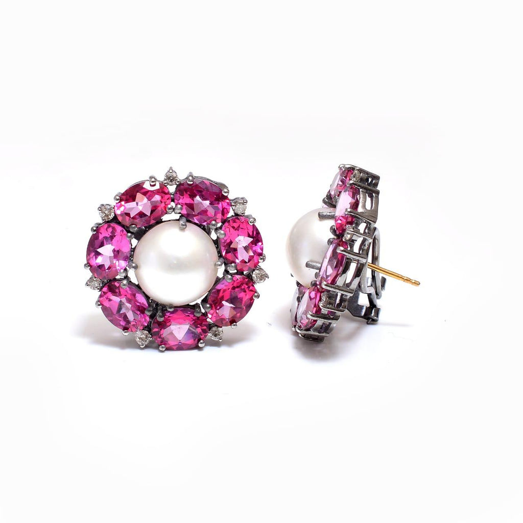 Pink Topaz Diamond and Mabe Pearl Earrings