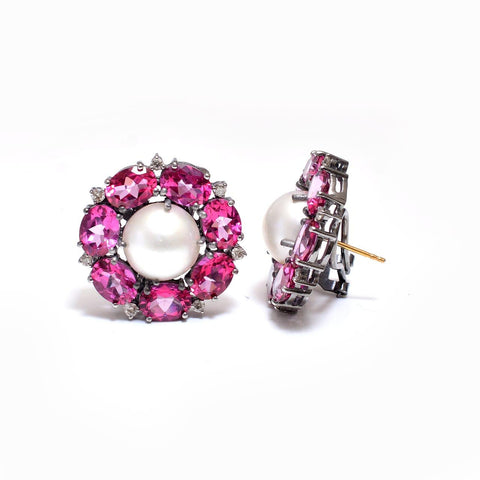 Pink Topaz Diamond and Mabe Pearl Earrings