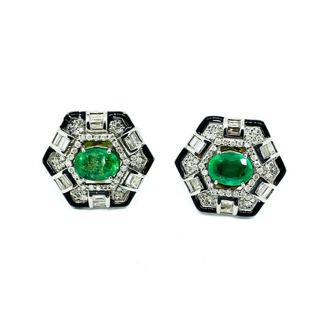 Art Deco Style Diamond ,Emerald and black enamel earrings