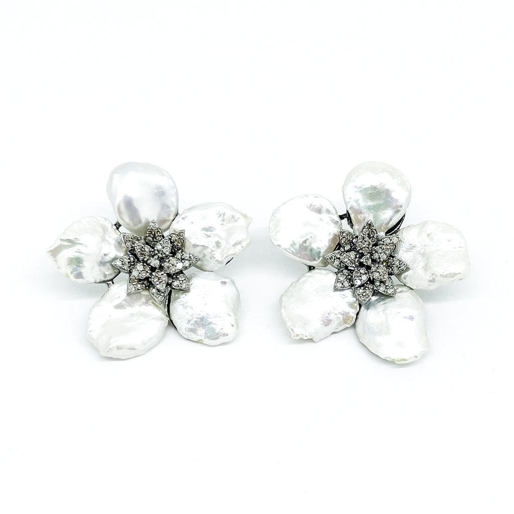 Leaf Petal Pearl Earrings With diamonds