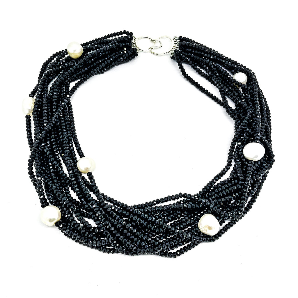 Faceted Black Spinel and Baroque Pearl multi strand necklace