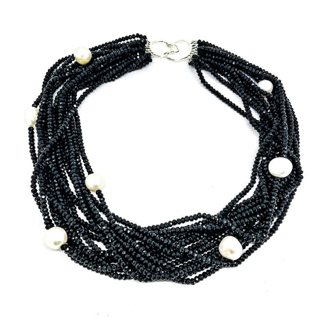 Faceted Black Spinel and Baroque Pearl multi strand necklace