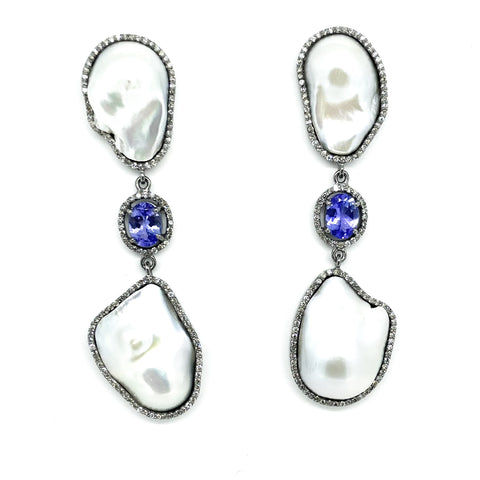 Baroque Pearl ,Tanzanite and diamond Earrings