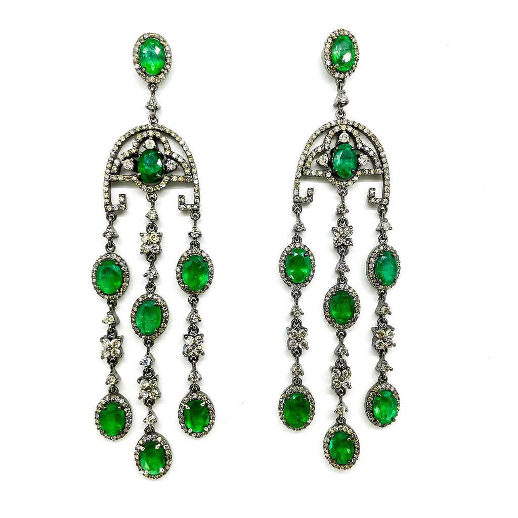 Dramatic Emerald and Diamond Drop Earrings