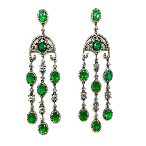 Dramatic Emerald and Diamond Drop Earrings