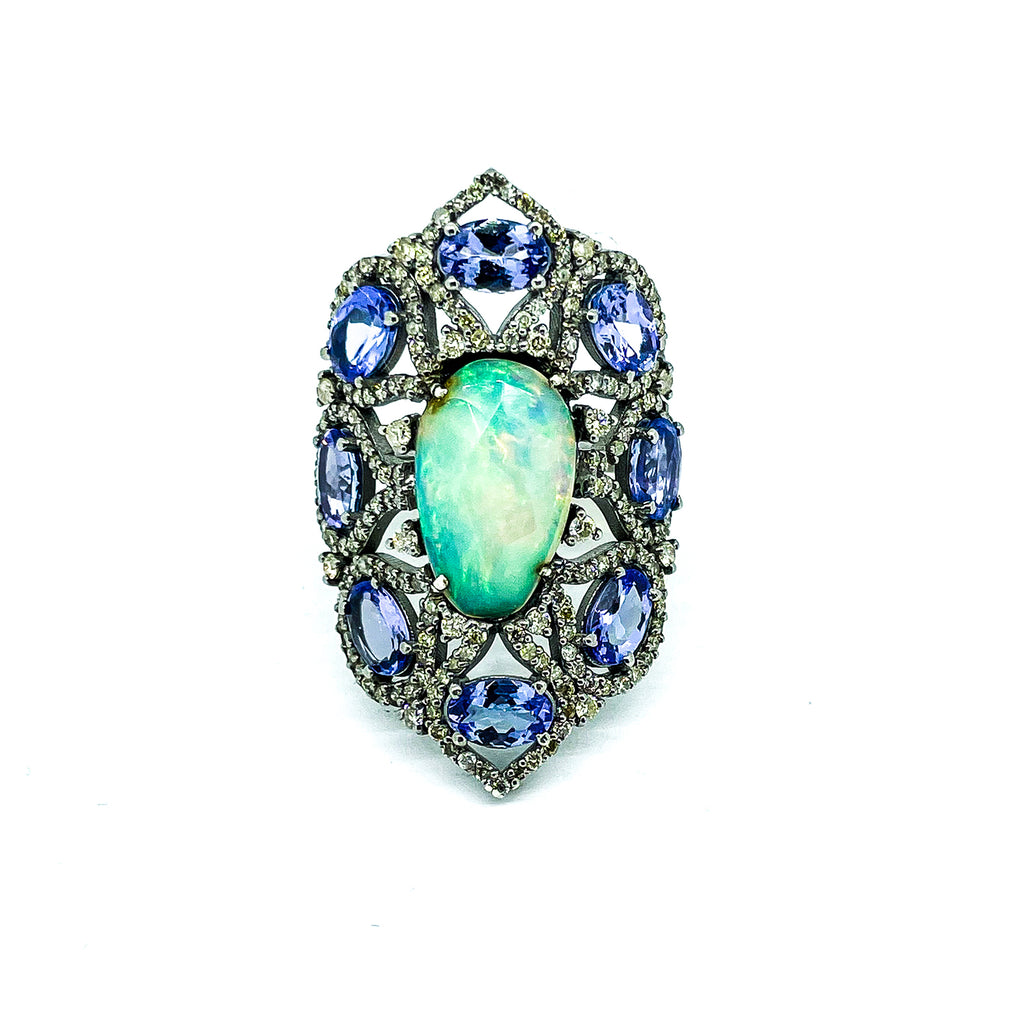 Tanzanite Opal and diamond Statement Ring