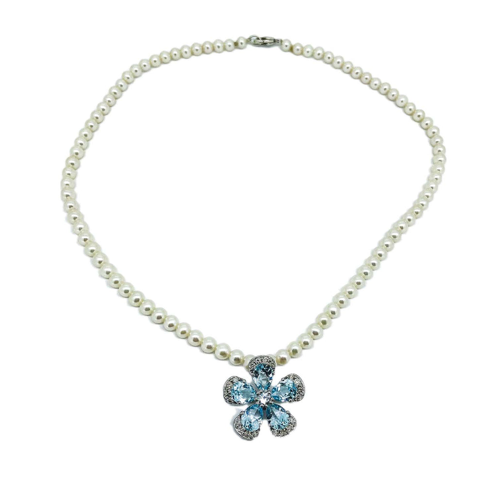 Pearl necklace with Blue Topaz and Diamond Flower Pendant