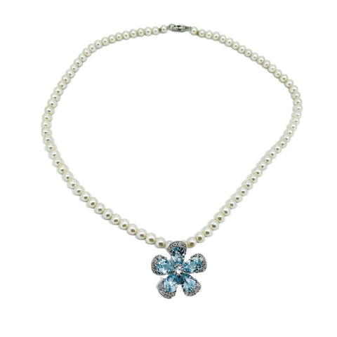 Pearl necklace with Blue Topaz and Diamond Flower Pendant