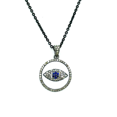 Diamond , Sapphire and (White )Enamel Evil Eye  Pendant