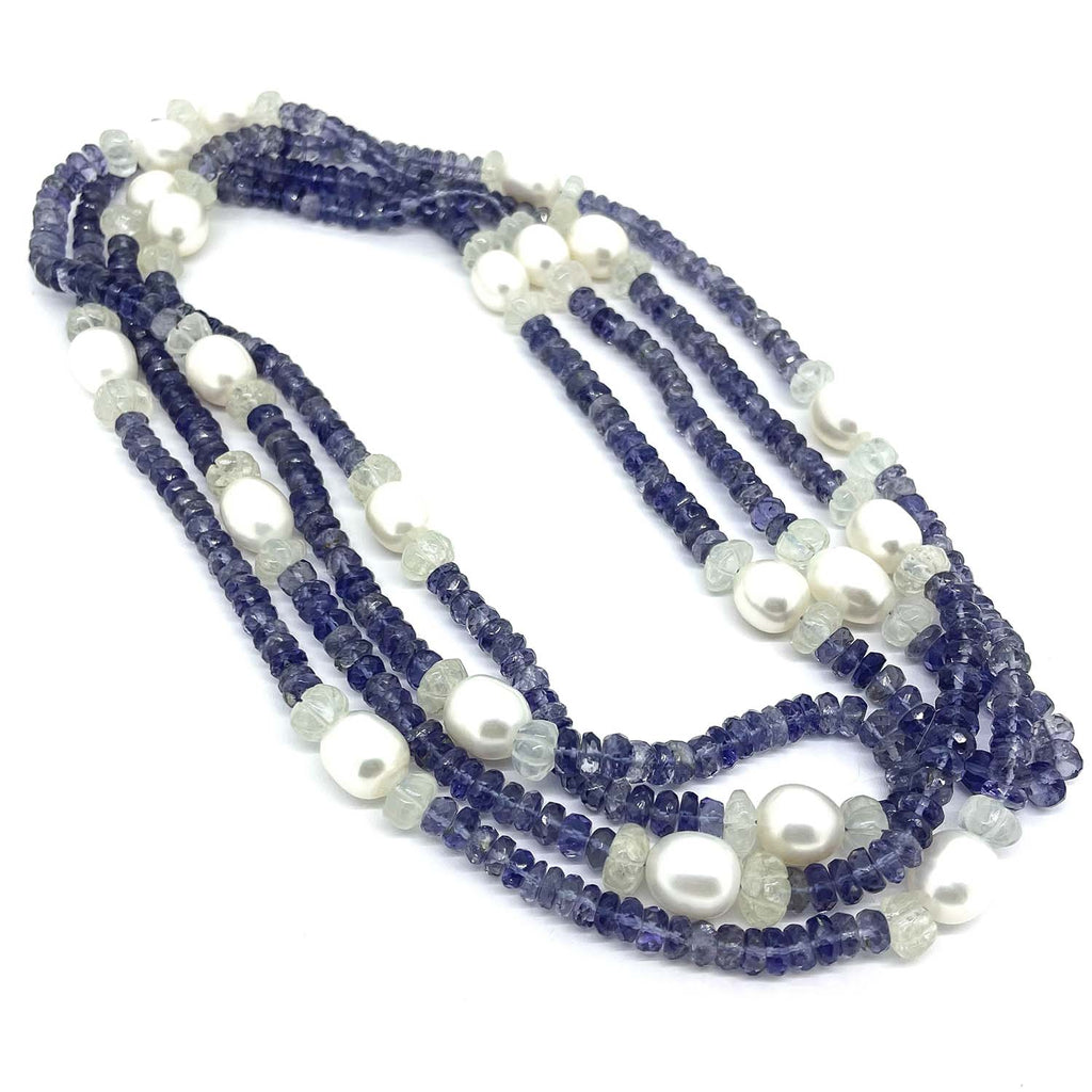 Faceted Tanzanite carved Aquamarine and Baroque Pearl Necklace