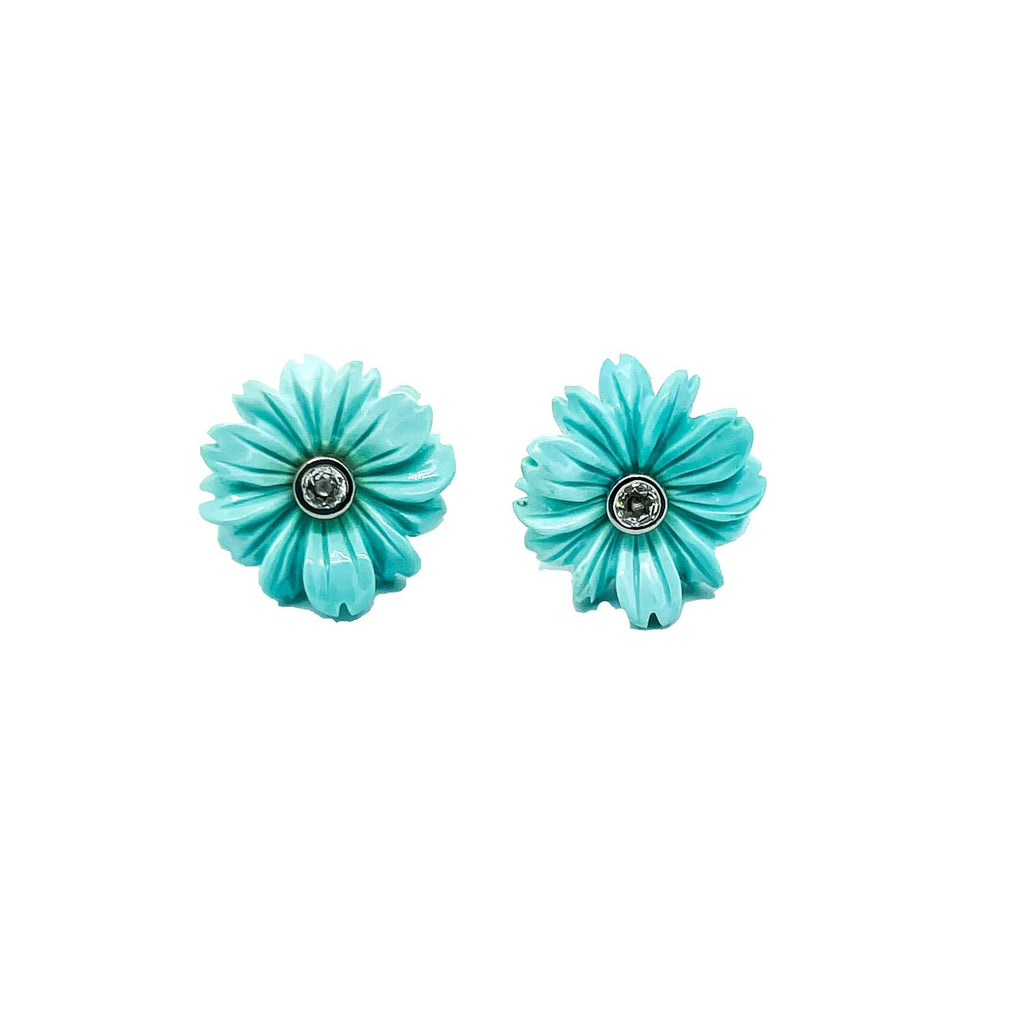 Carved Turquoise and Diamond Flower Earrings