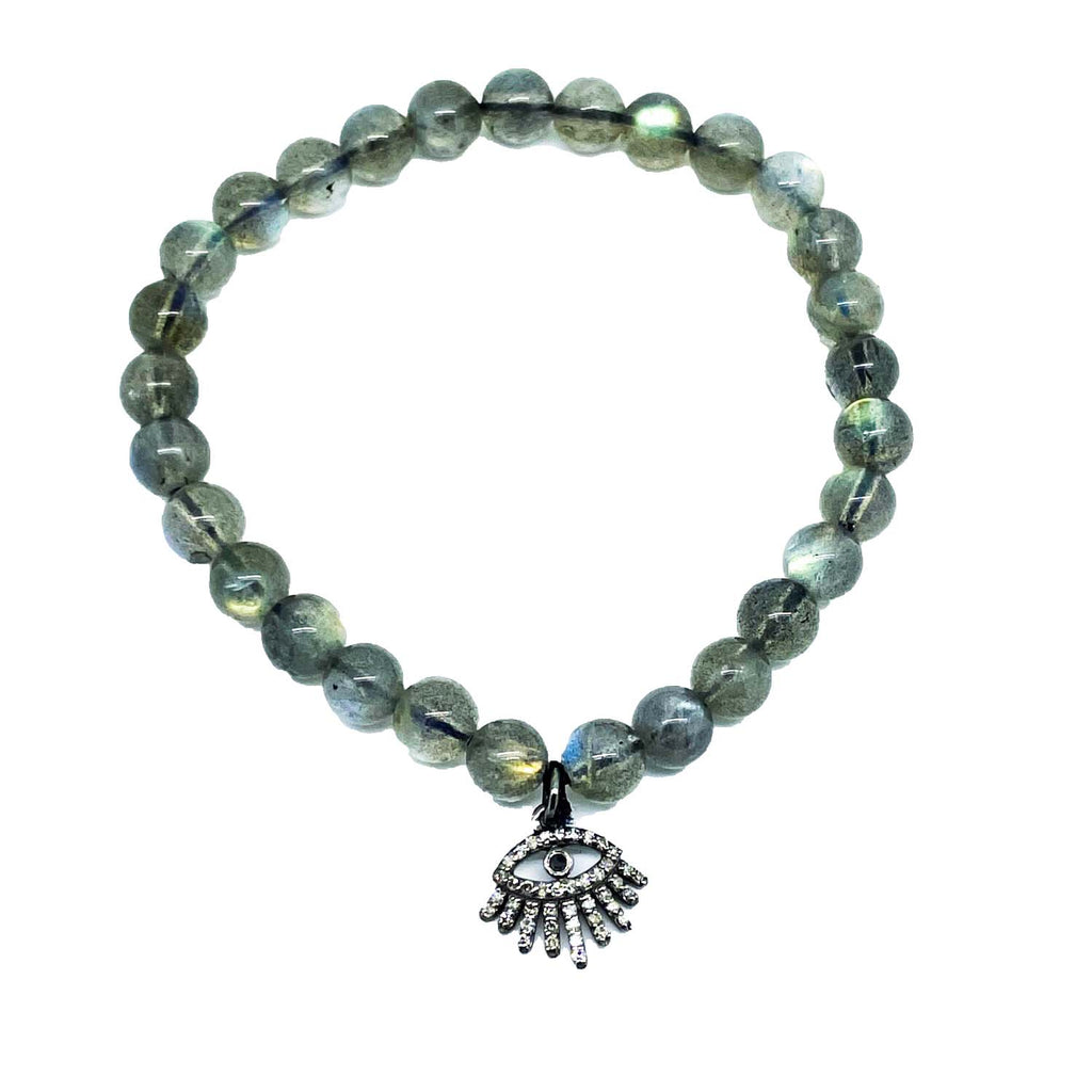 Labradorite bead Stretch Bracelet with diamond Eye Charm