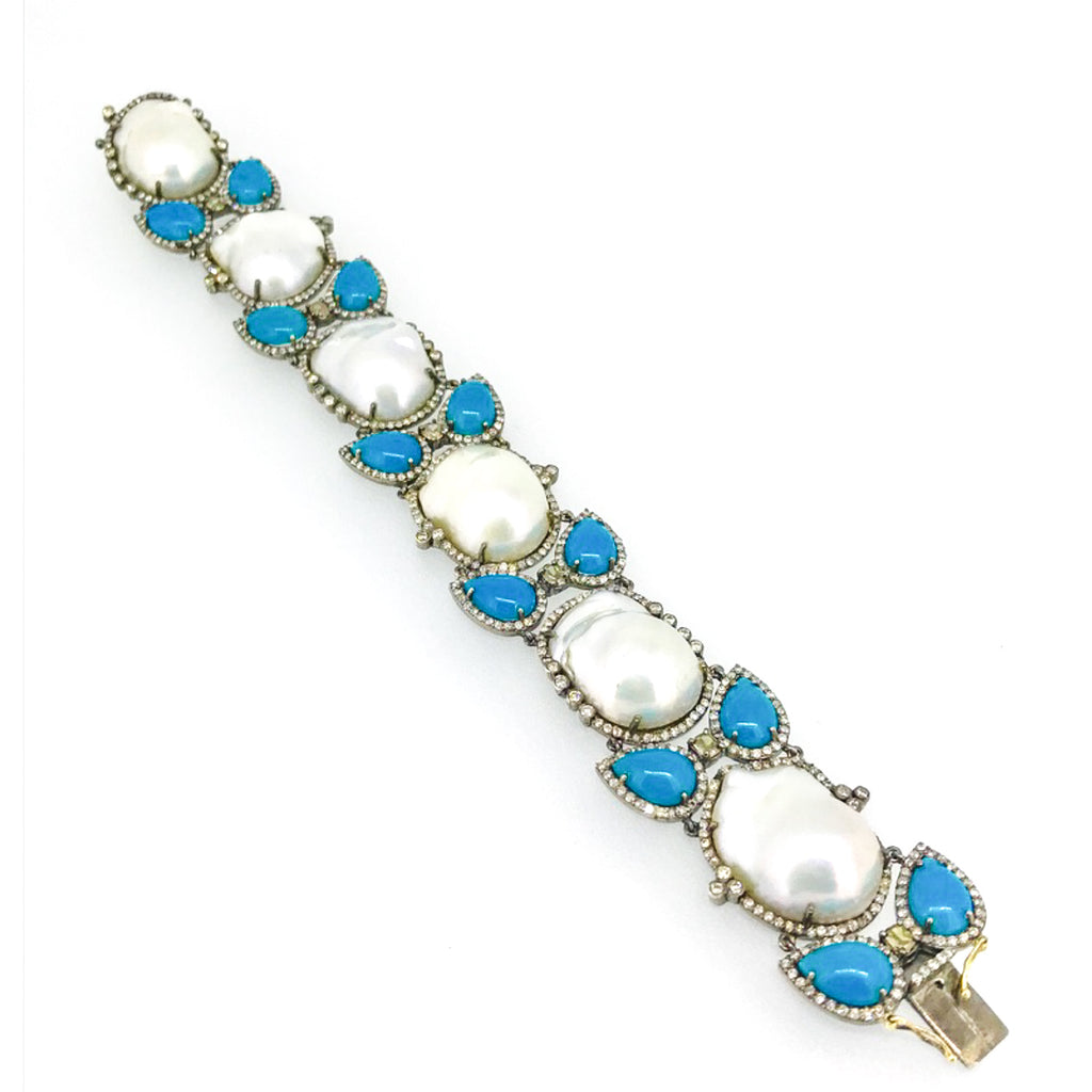 Diamond, Turquoise, and Pearl Bracelet