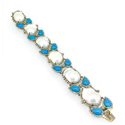 Diamond, Turquoise, and Pearl Bracelet