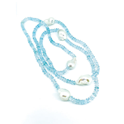 Faceted Blue Topaz and Baroque Pearl Necklace