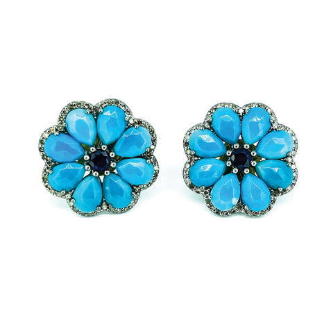 Turquoise Sapphire and Diamond Flower Earrings