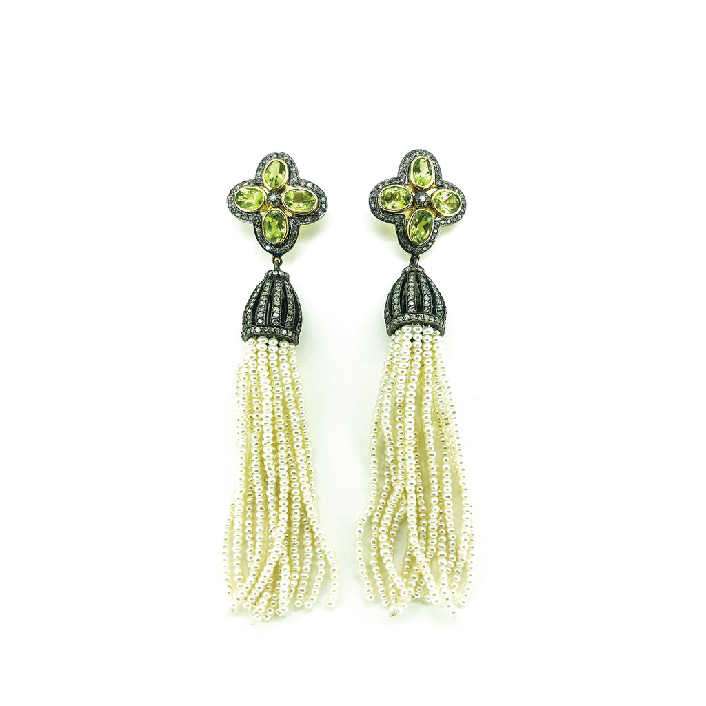 Peridot, Diamond, and Seed Pearl Tassle Earrings