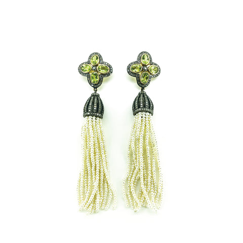 Peridot, Diamond, and Seed Pearl Tassle Earrings