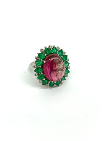 Pink Tourmaline Emerald and Diamond Ring