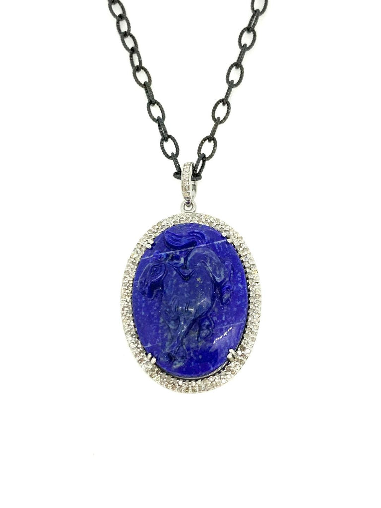 Carved Lapis Lazuli Horse Figure Surrounded by Diamonds
