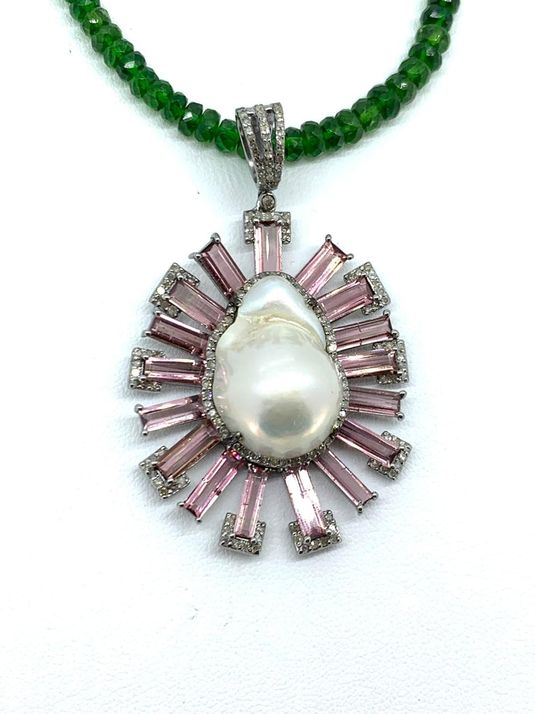 Baroque Pearl Pink Tourmaline and Diamond Pendant