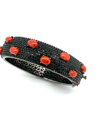 Black Spinel and Red Coral Bangle Bracelet