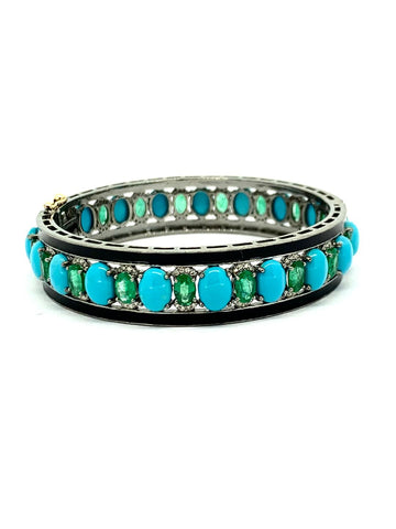 Emerald Turquoise and Diamond Bangle Bracelet with black enamel