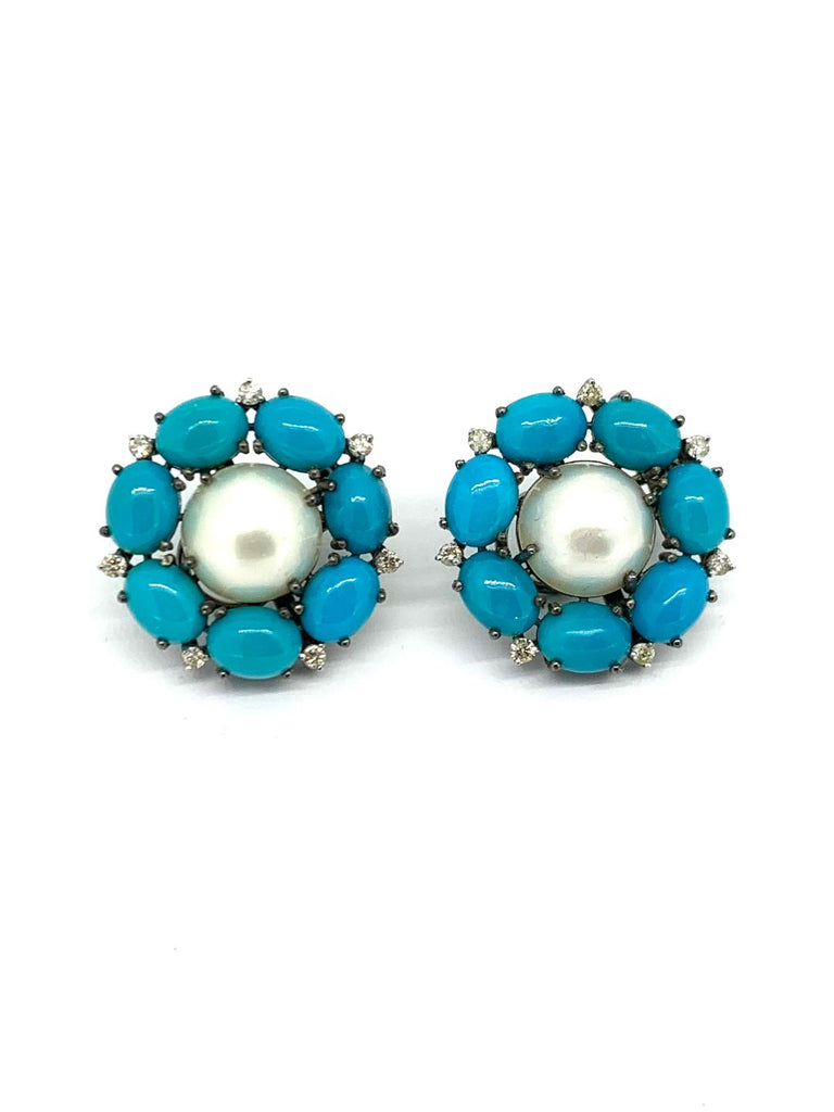 Turquoise diamond and mabe Pearl Earrings