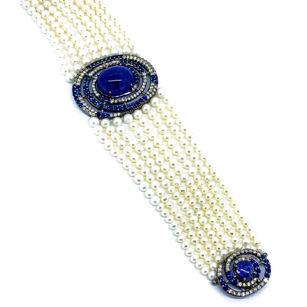Tanzanite , sappire and diamond Pearl bracelet