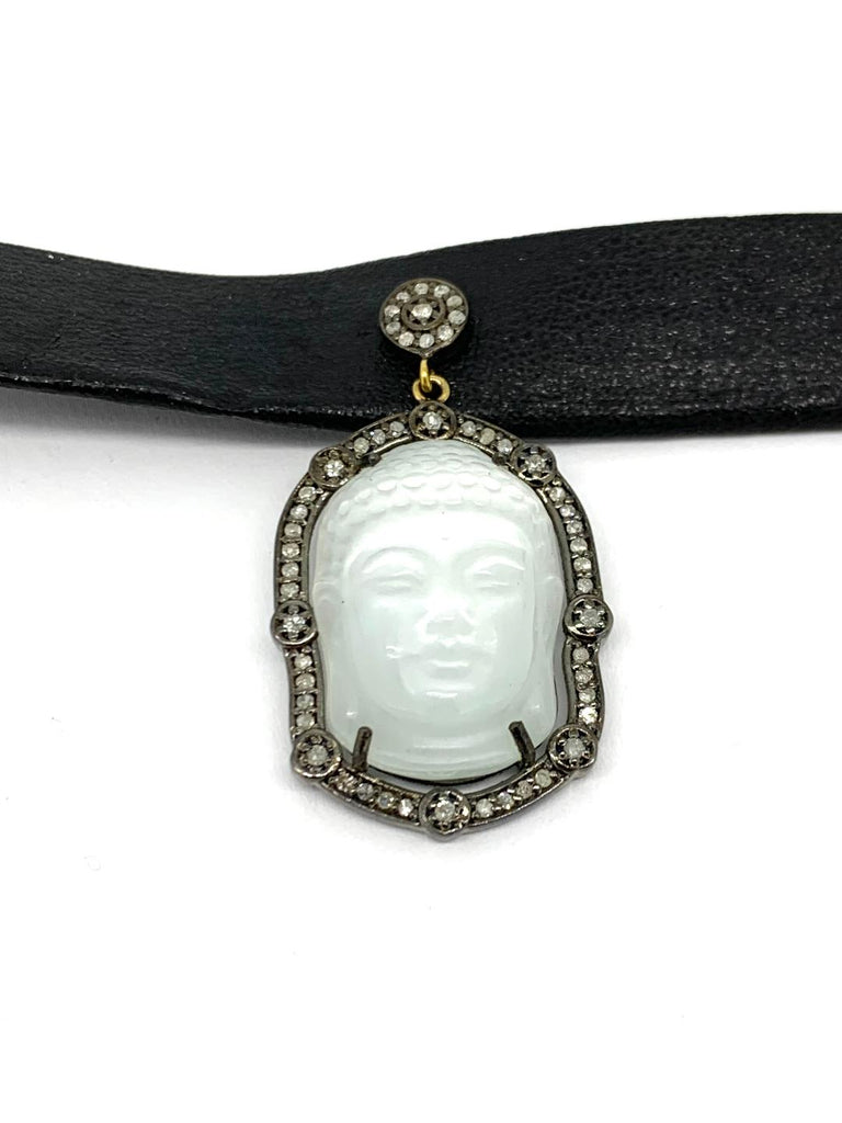 Leather Collar Buda Necklace , Moonstone and Diamonds