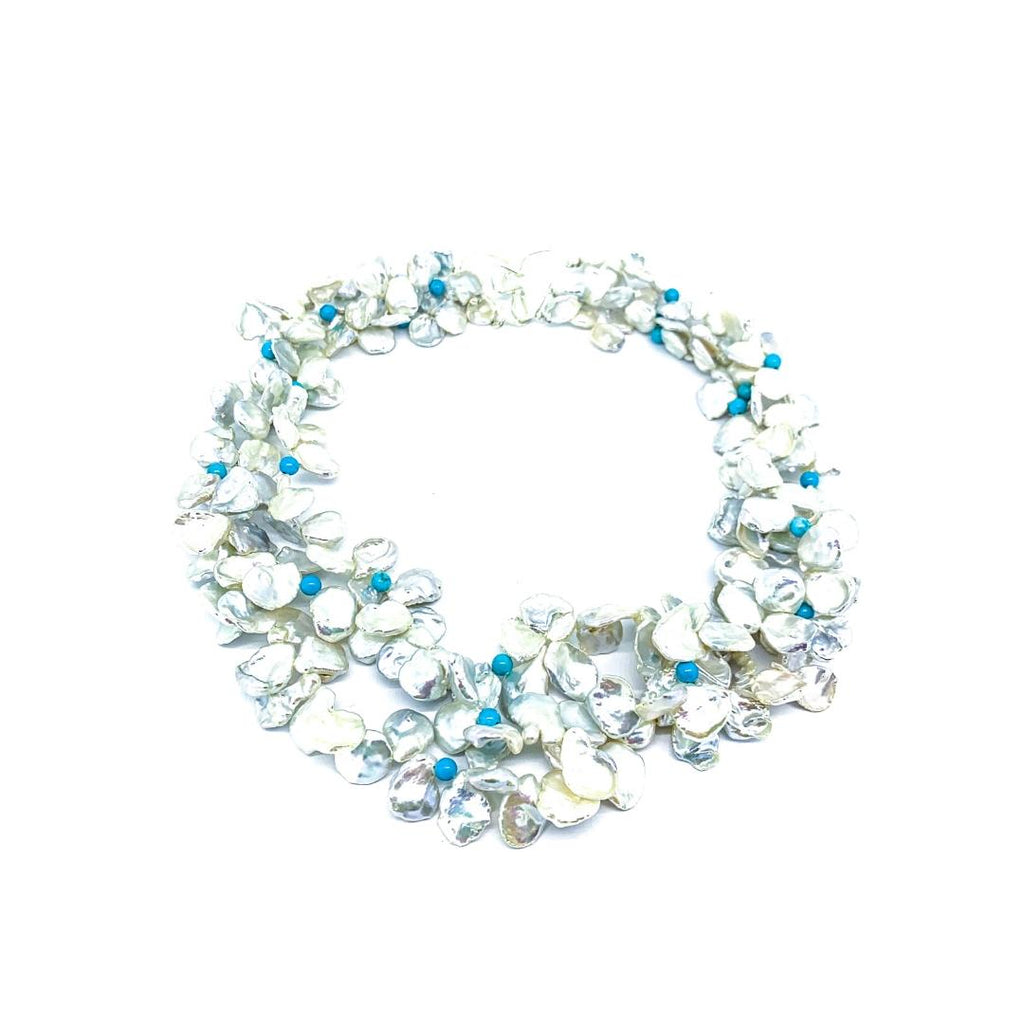 Three Strand Leaf Pearl and Turquoise Bead Necklace