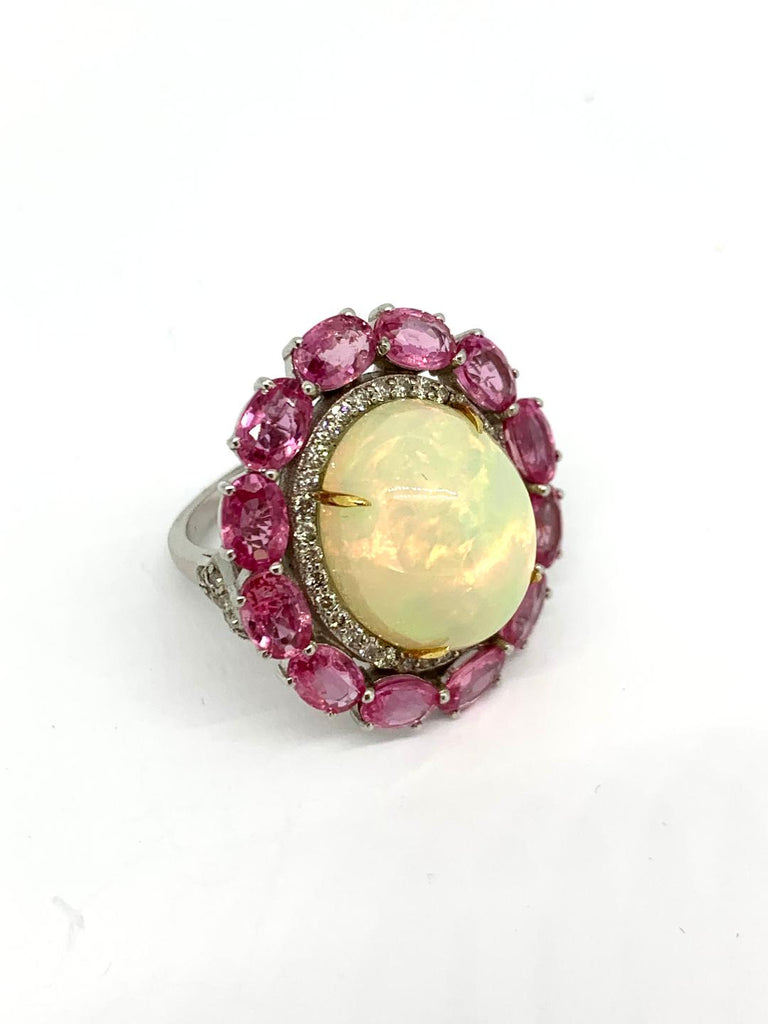 Opal Diamond and Pink Sapphire Ring