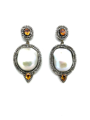 Baroque pearl yellow sapphire and diamond Earrings