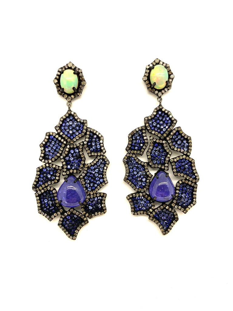 Sapphire , Tanzanite ,Diamond and Opal Earrings